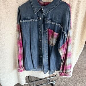 Denim and Plaid Button-Up Shirt